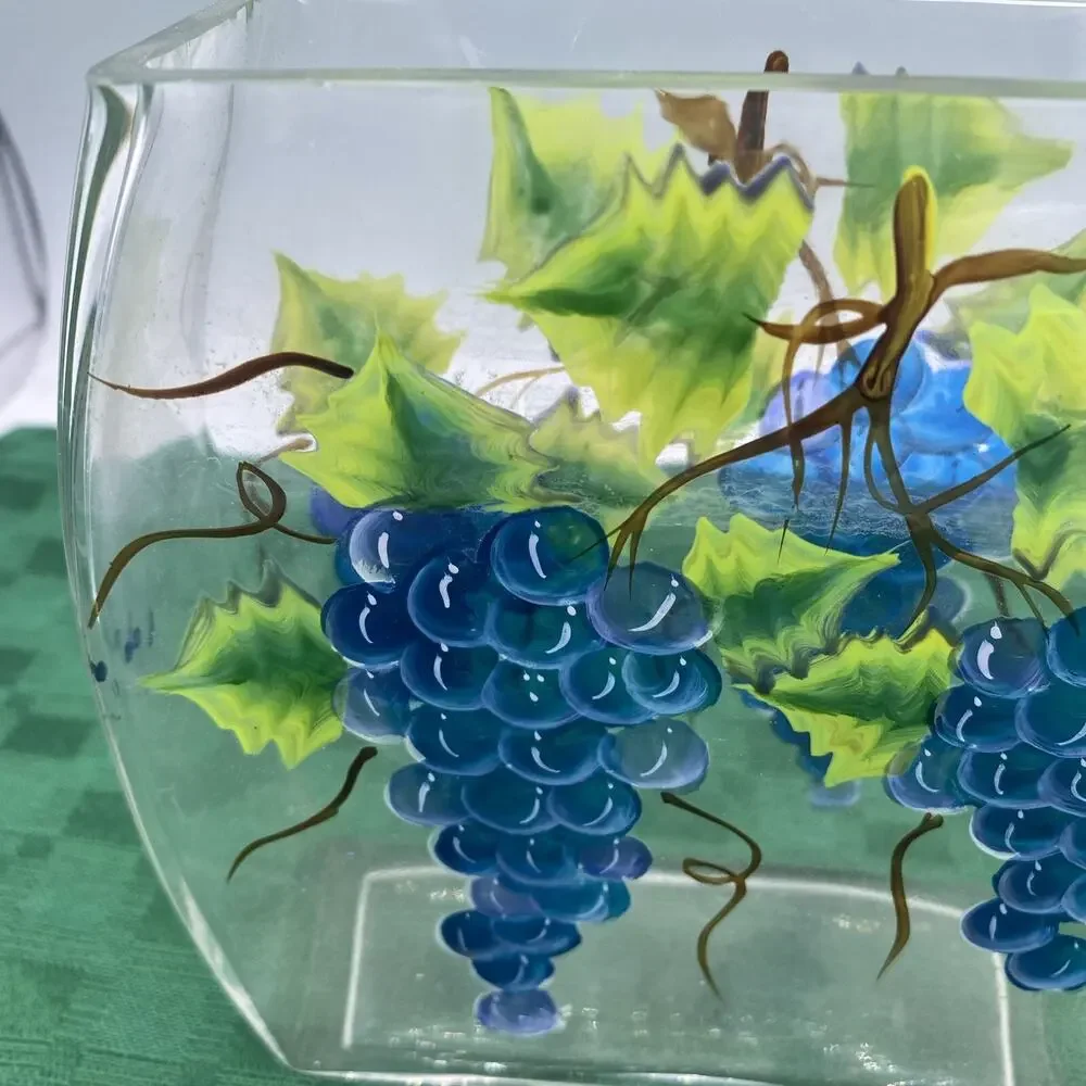 6” Hand Painted Grape Vines Vase Or Napkin Holder 6” Tall